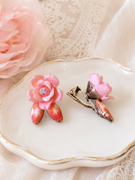 Vintage Jewelry - Pink Rose Clip-On Earrings Vintage Inspired Floral Costume Jewelry